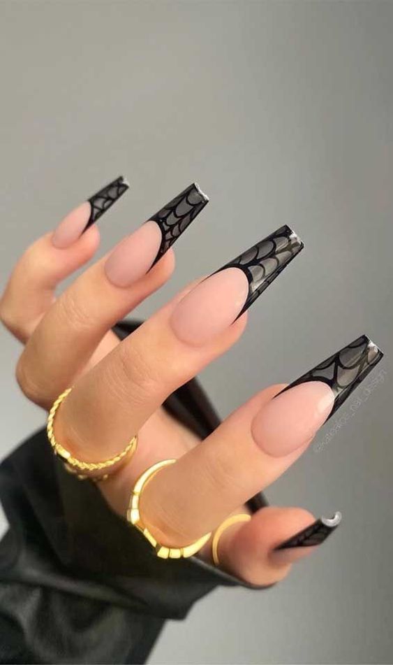 Black french tip nails with spider web
