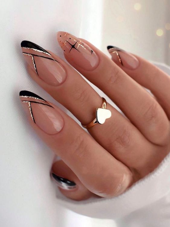 Closeup woman hand with dark gray and black nail polish on fingernails. Nail  manicure with gel