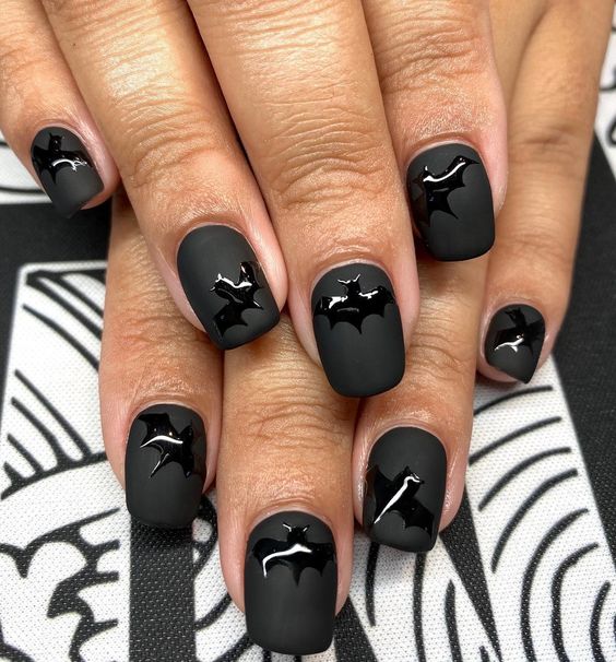 matte black halloween nails short with bats