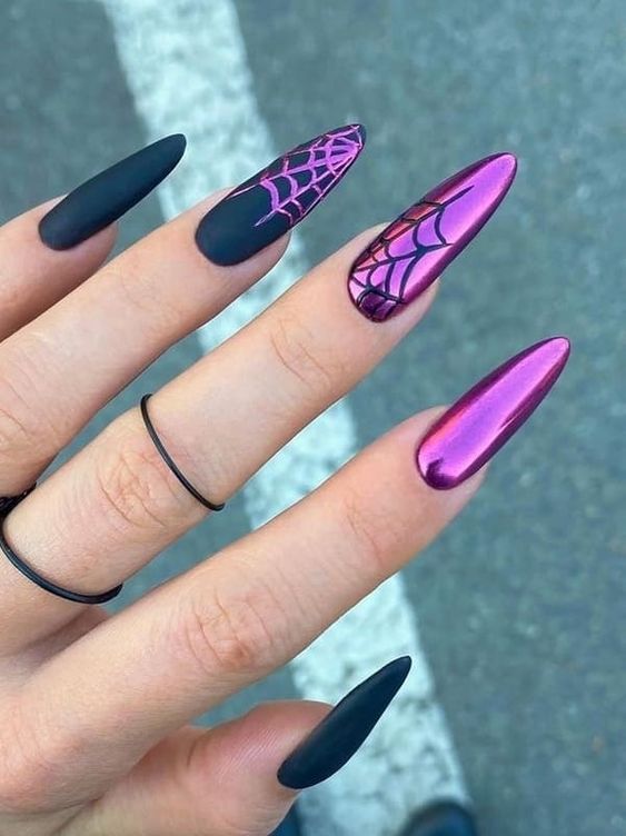 purple and black halloween nails metallic