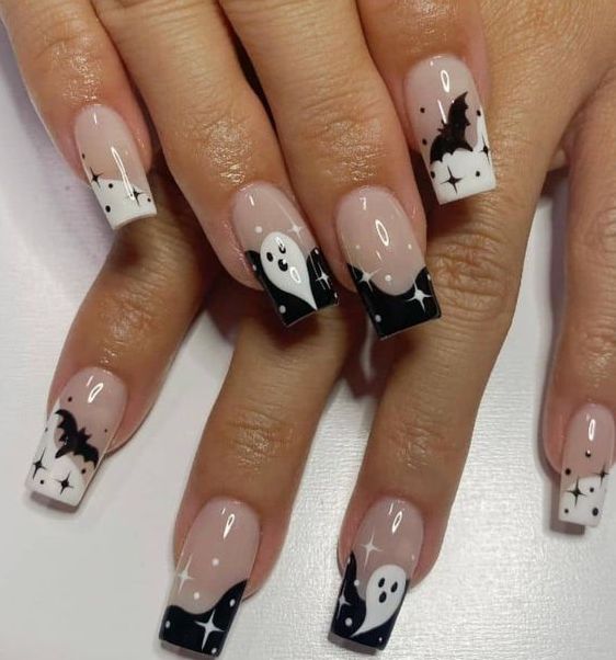 Square black and white halloween nails with ghosts