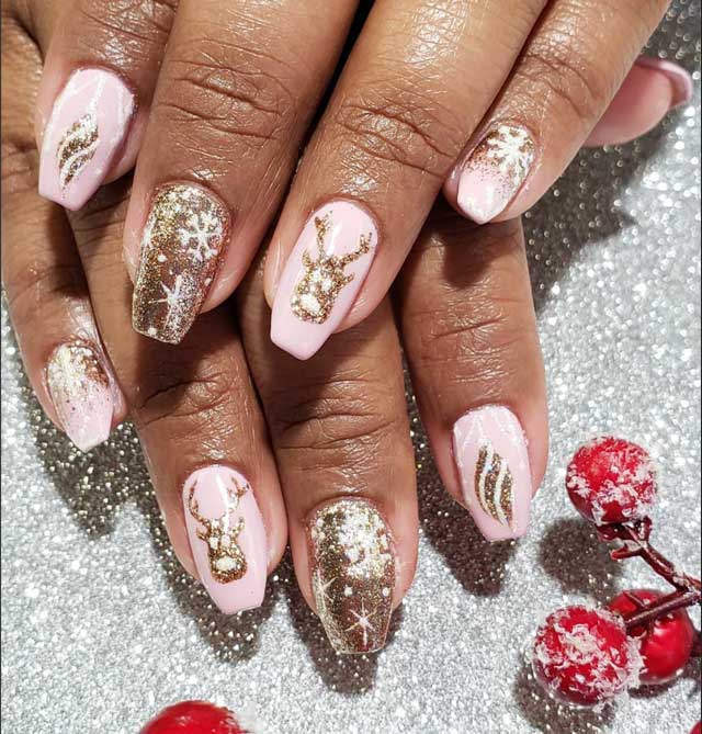 pink and gold christmas nails
