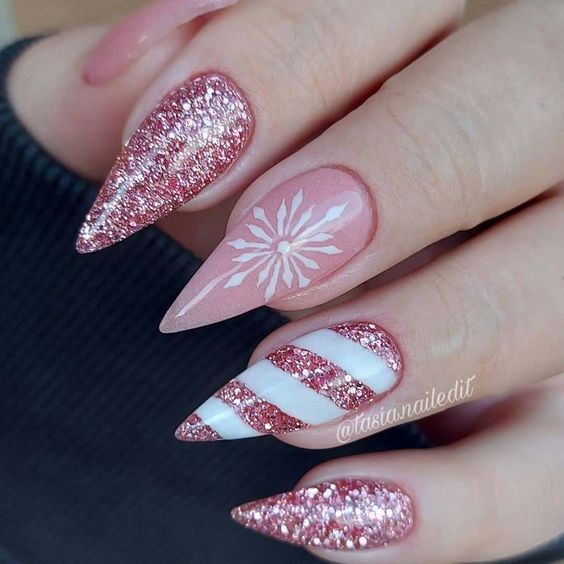 pink and white christmas nails