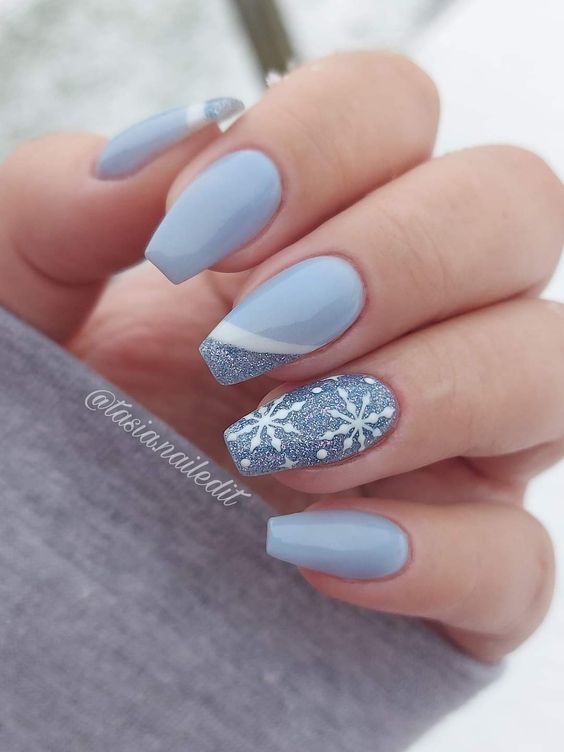 27 Charming Winter Nail Designs : Snowflake Sage Green Winter Nails