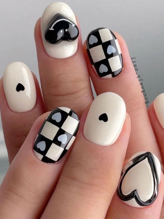 black and white valentines nails