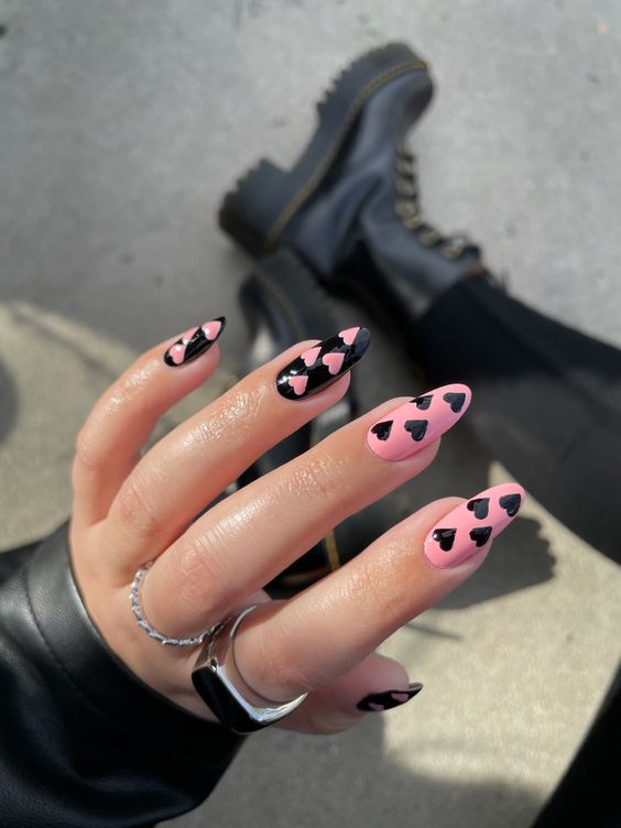 pink and black valentines nails