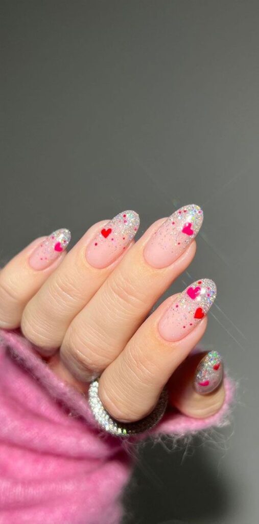 simple valentines nails with glitter