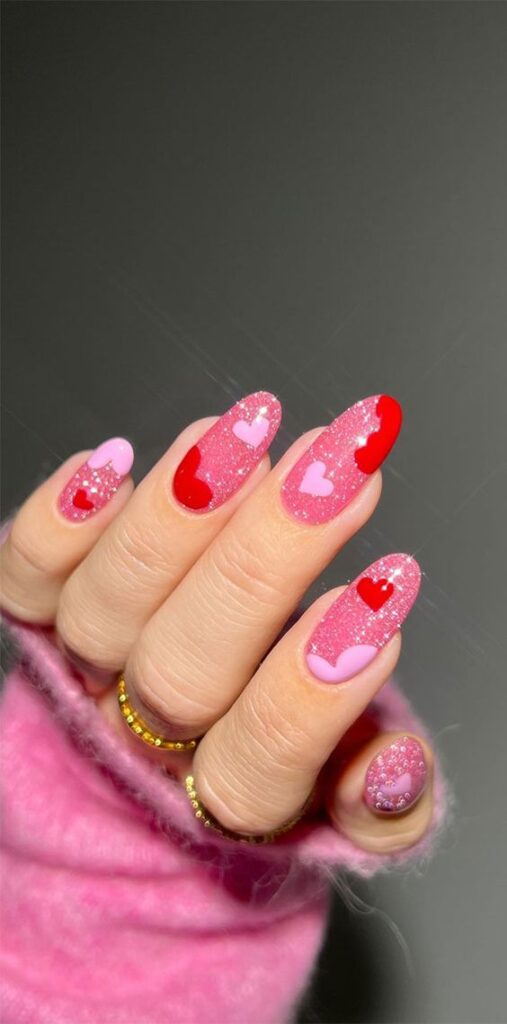 simple valentines nails with glitter