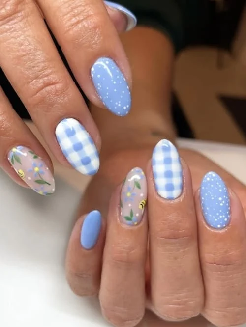 march nails ideas short baby blue with almond shape. plaid and floral design