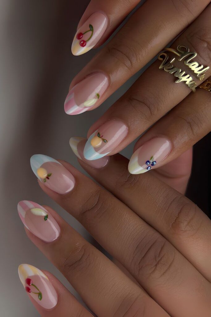 pastel classy spring nails with fruit design