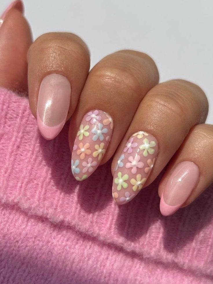 pink classy spring nails with florals