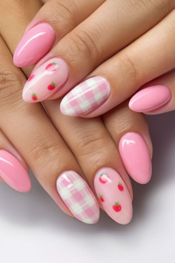 cute short spring nails designs with a pink base and gingham