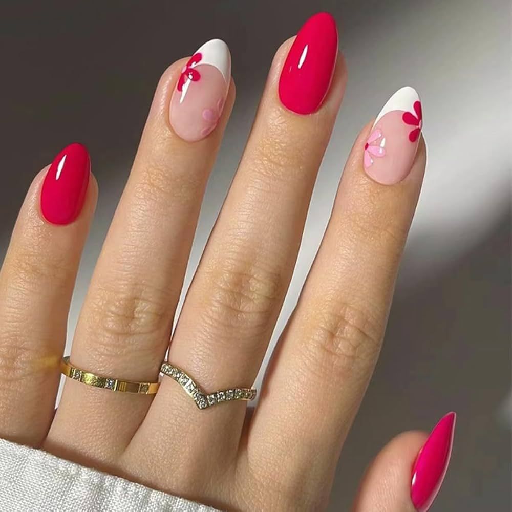 hot-pink-floral-french-tip-spring-nails