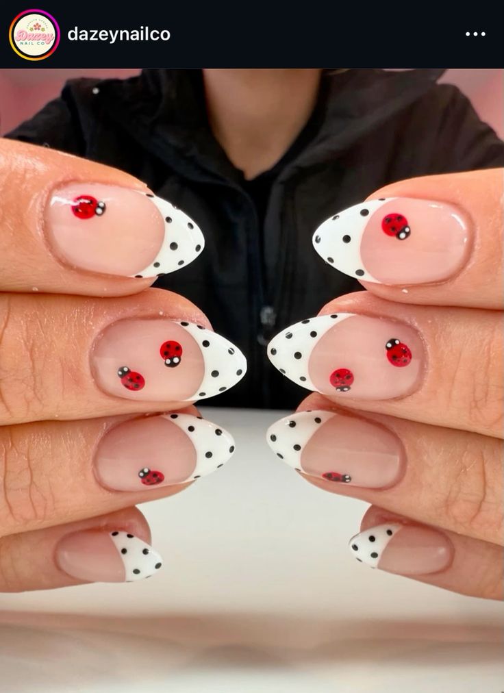 ladybug-polka-dot-short-spring-nails with french tip polka dot