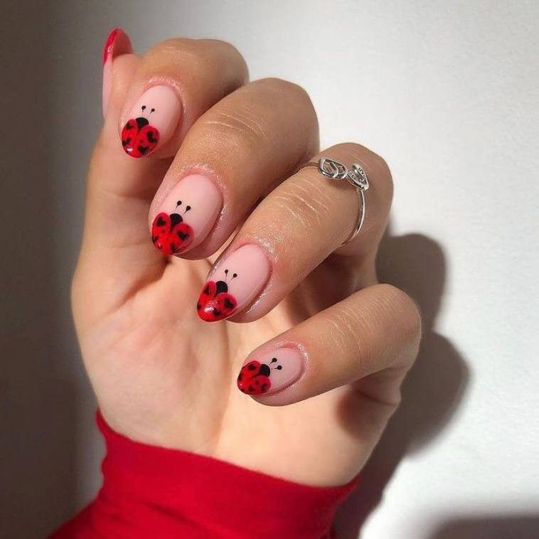 short spring nail designs with ladybug tips