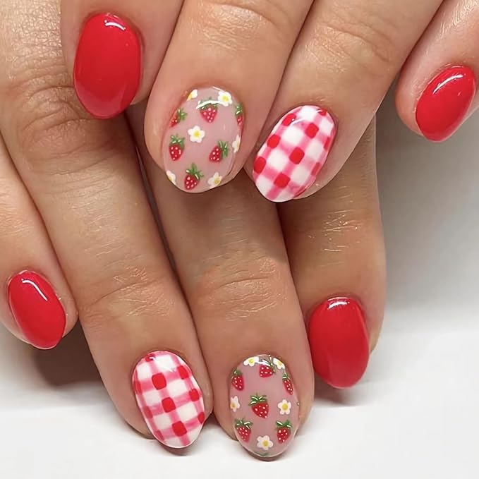 short spring nail designs red gingham with strawberry nail art