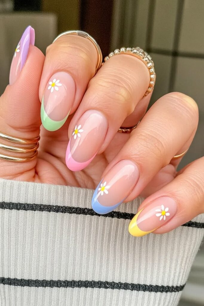 short spring nail designs with pastel French tips on a soft pink base