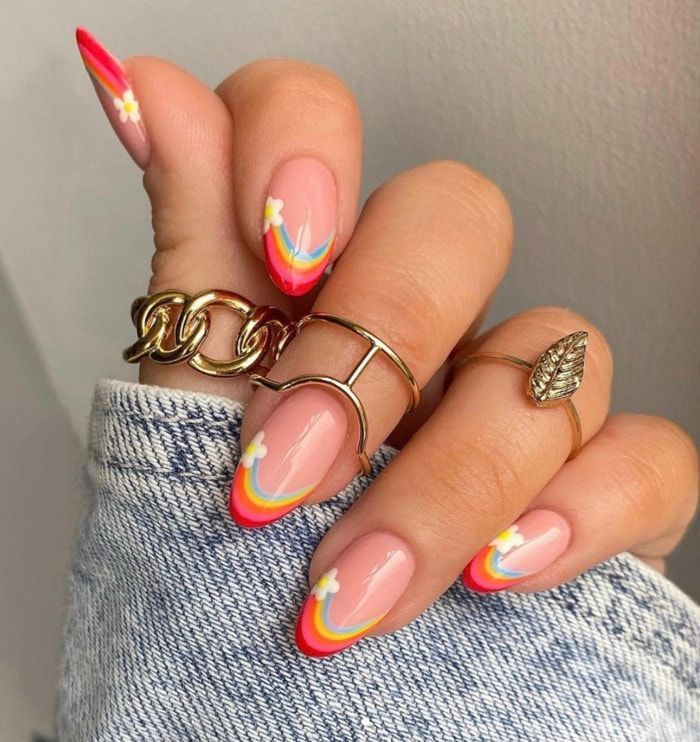 short spring nails wirh a rainbow french tip and pink base